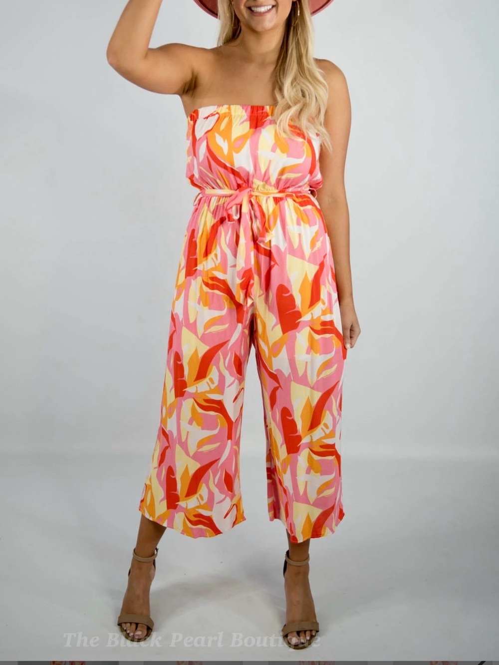 Emily Wonder by Andree by Unit Strapless Print Jumpsuit in Pink & Orange Size L